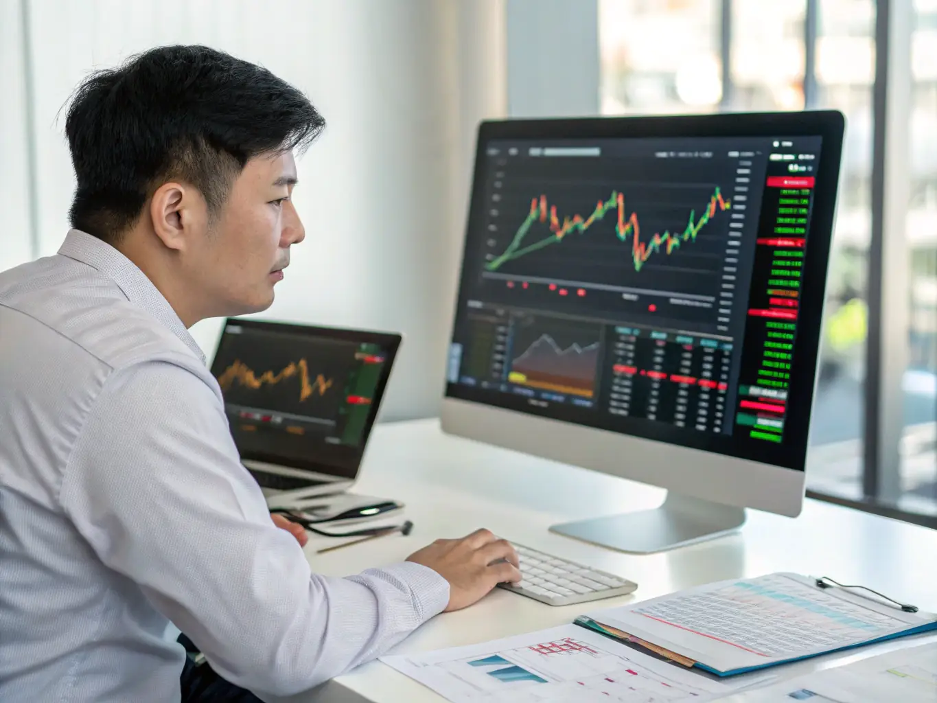A financial analyst working on a computer with stock charts in the background, highlighting the finance industry's need for secure and reliable data infrastructure.