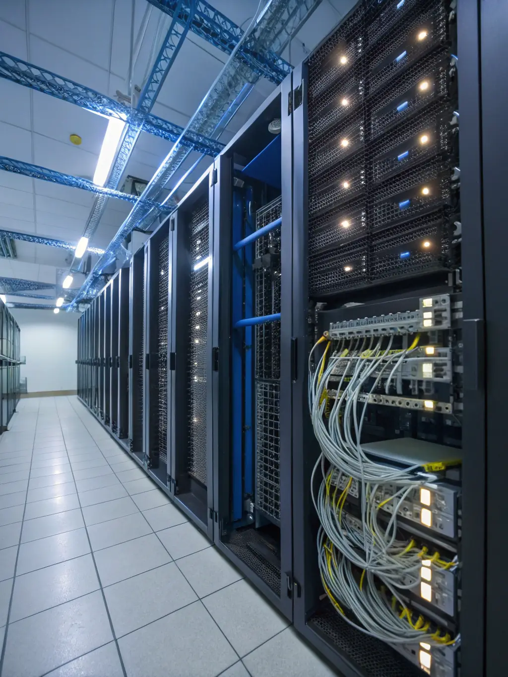 A high-resolution photograph of a server rack inside Osborne Data Colocation's containerized data center, showcasing the organized cabling and efficient cooling systems.