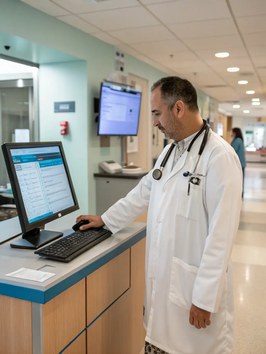 A doctor reviewing patient records on a tablet in a clean, modern hospital environment, representing the healthcare industry's need for HIPAA-compliant data storage.
