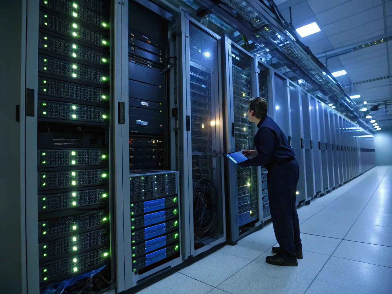 A secure financial data center with advanced security measures, emphasizing regulatory compliance and data protection.