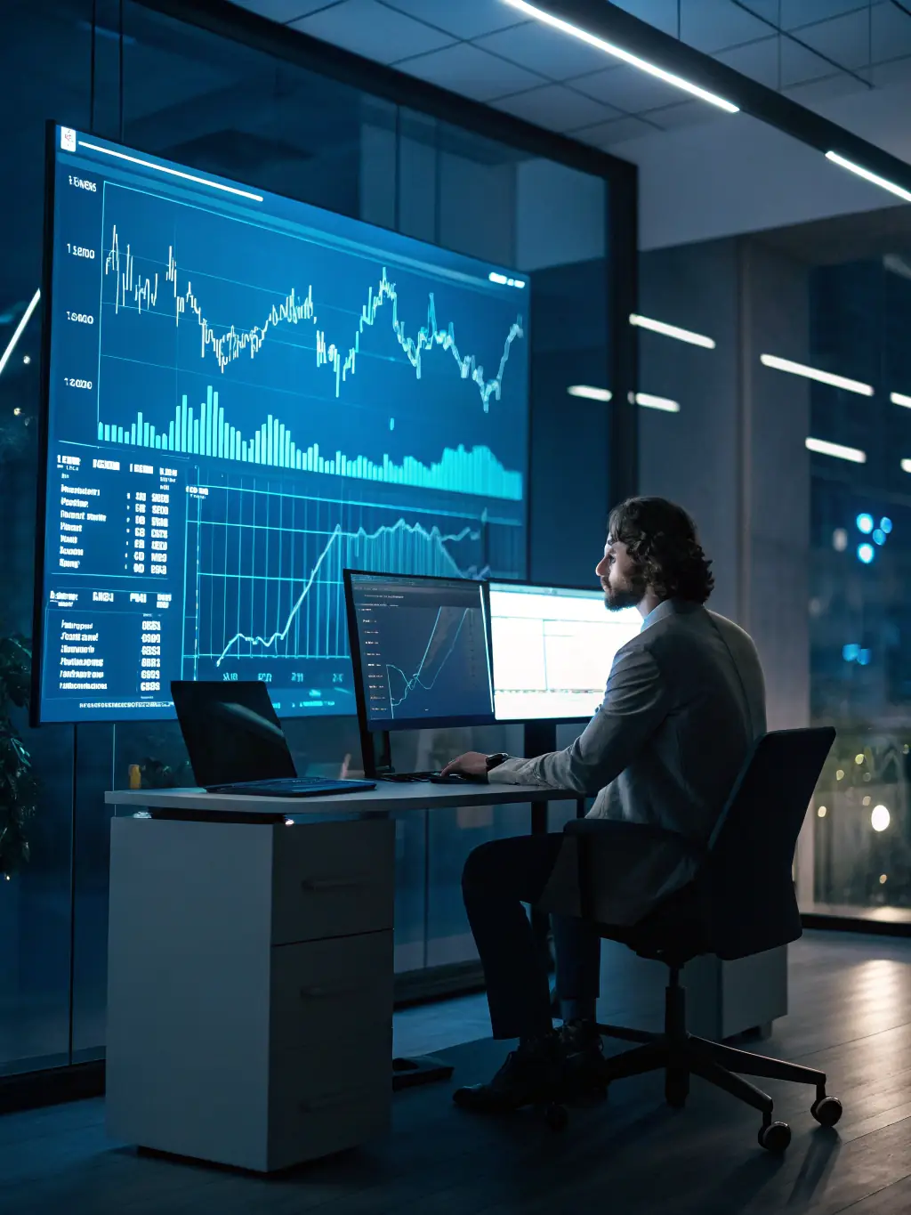 A financial analyst reviewing market data on multiple monitors in a high-tech office, illustrating the finance industry's demand for real-time data processing and security.