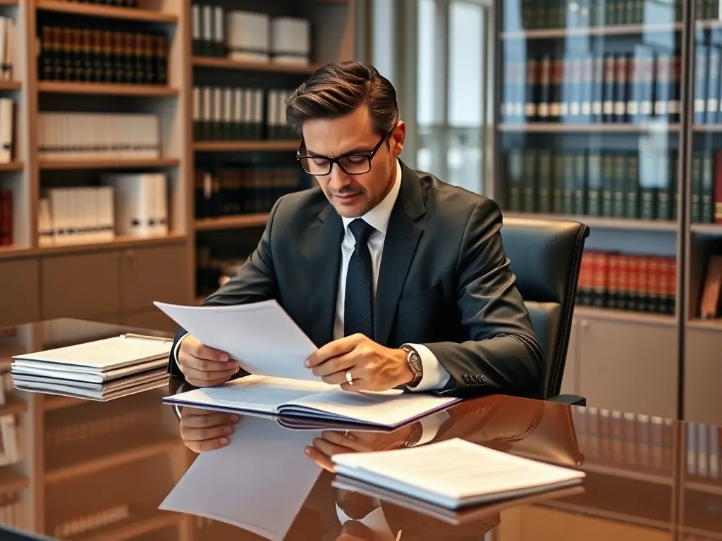A professional lawyer in a modern office, reviewing documents with a focus on data protection compliance, reflecting the legal industry's need for secure data handling.