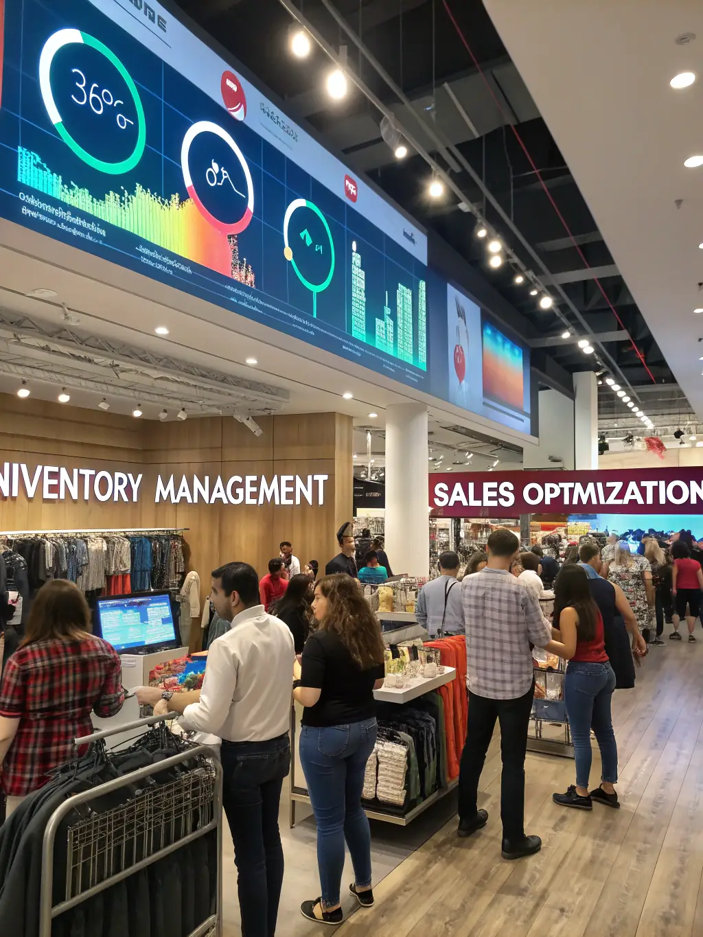 A retail manager analyzing sales data on a dashboard in a modern store, showcasing the retail industry's need for secure and scalable data solutions.