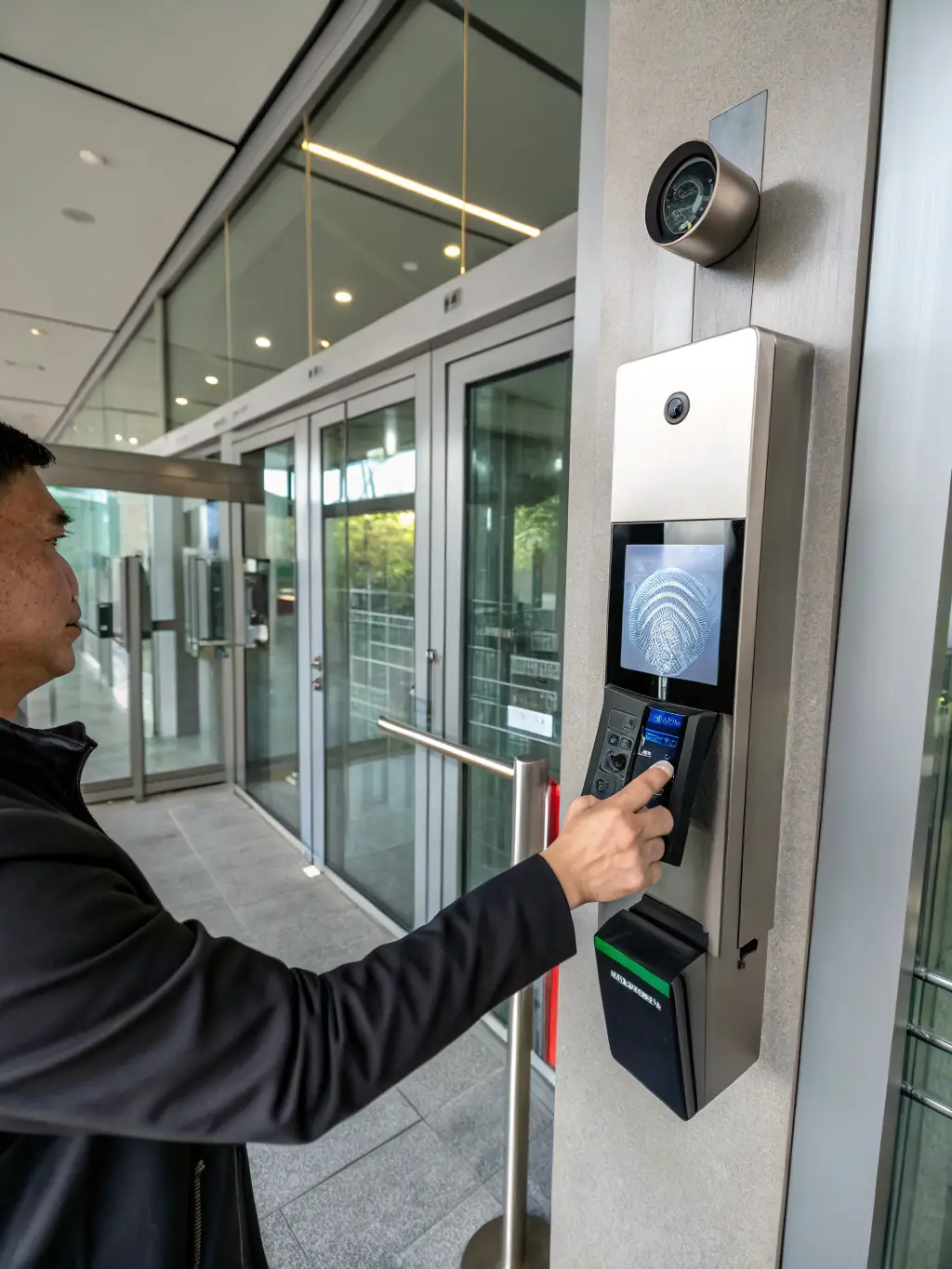 A detailed close-up shot of a biometric scanner and security access point at the entrance of Osborne Data Colocation's facility.