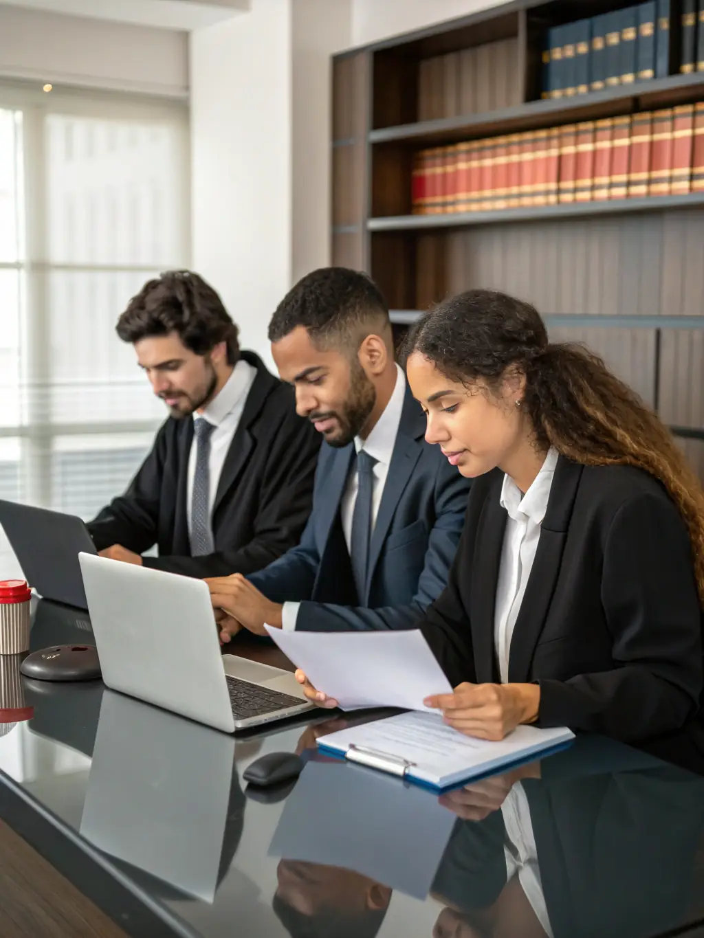 A professional image of lawyers in a modern law office, discussing a case with digital documents displayed on a screen, symbolizing the legal industry's reliance on secure data management.
