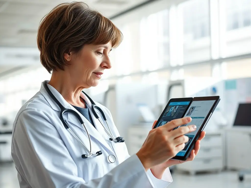 A doctor reviewing patient records on a tablet in a clean, modern hospital setting, emphasizing the healthcare industry's stringent data privacy requirements.