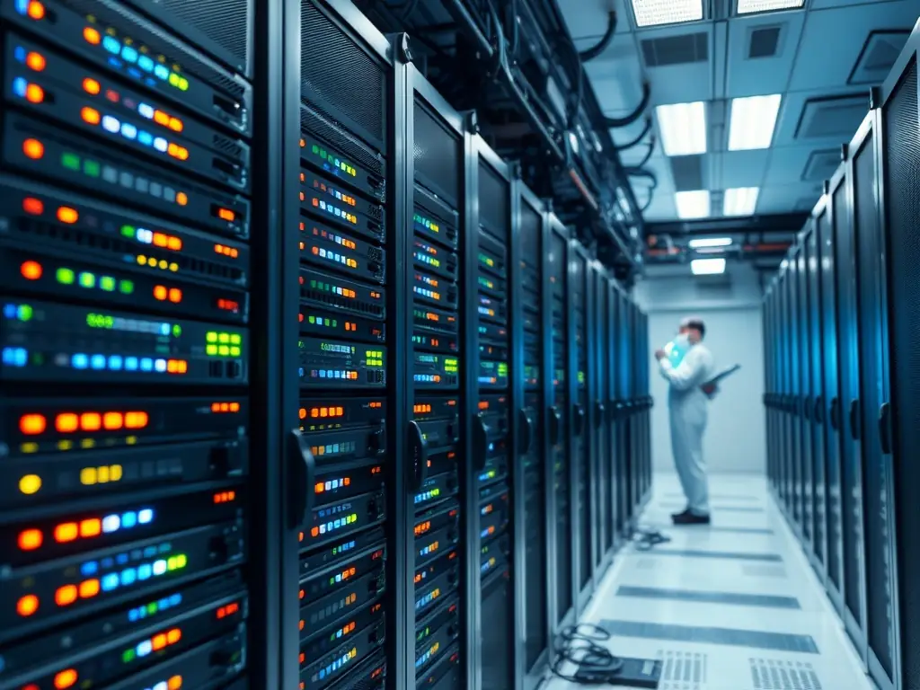 A clean and secure healthcare data center environment, highlighting HIPAA compliance and patient data protection.
