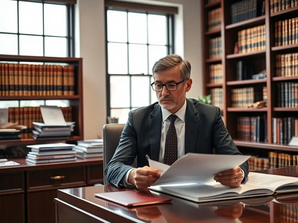A modern law office setting with lawyers working on computers, emphasizing data security and compliance.