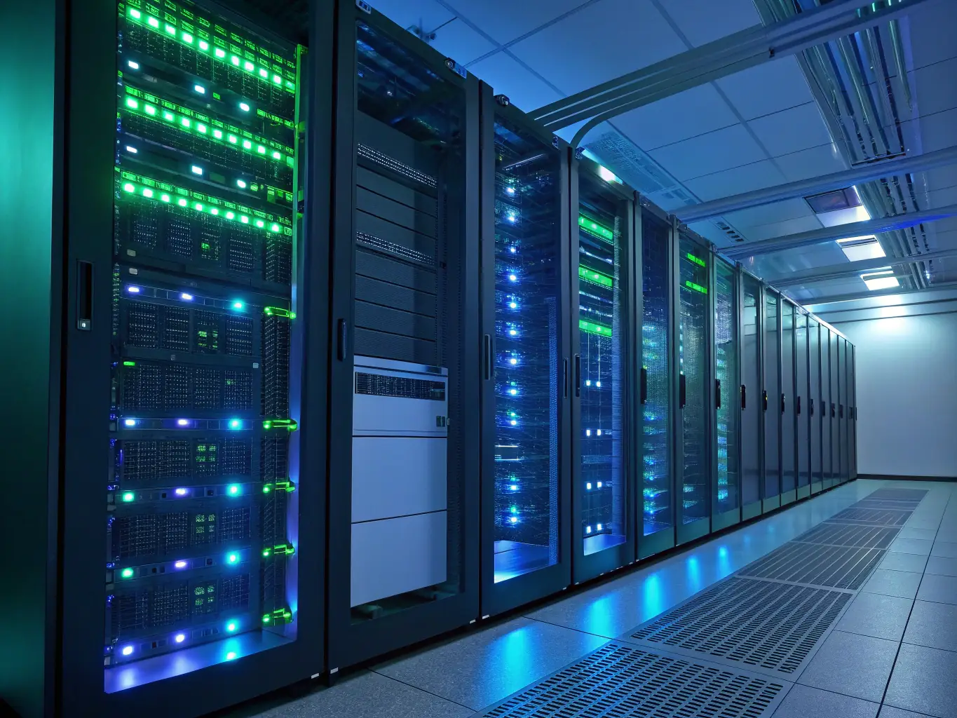 A server room with blinking lights.
