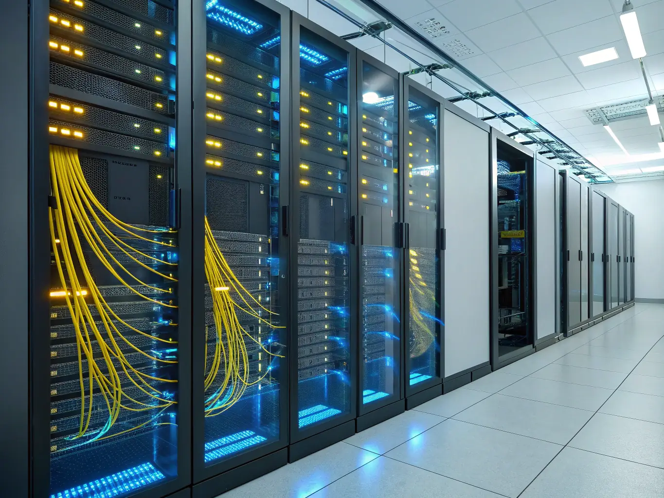 An image of fibre optic cables connecting servers, illustrating the high-speed local fibre connectivity.